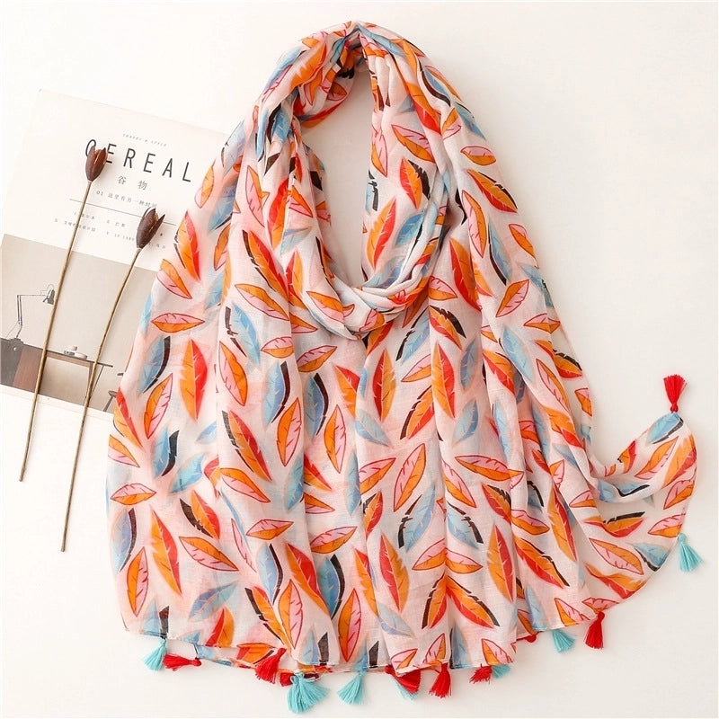 Yarn Cotton Fruit Green Bright Yellow Leaf Printing Tassel Scarf Shawl