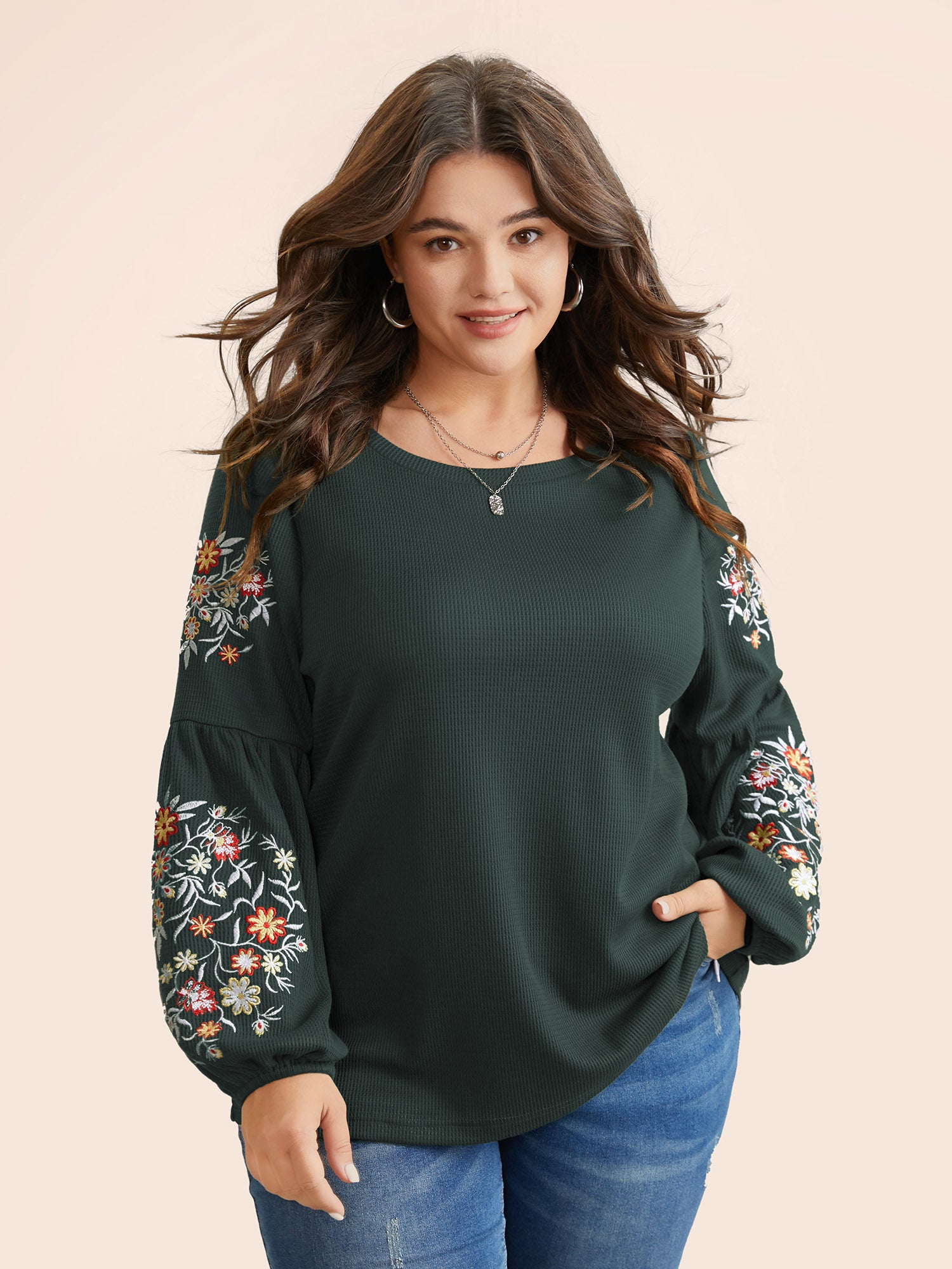 Waffle Knit Floral Embroidered Lantern Sleeve T-shirt