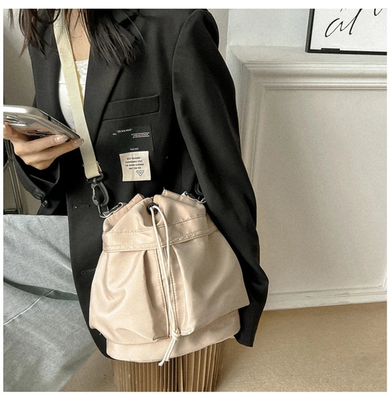 Women's Nylon Solid Color Classic Style Square String Shoulder Bag Bucket Bag