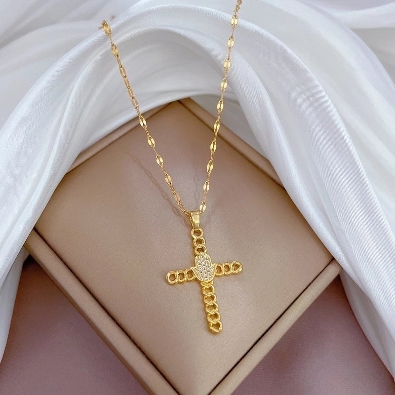Minimalist Cross Titanium Steel Copper Zircon Pendant Necklace In Bulk