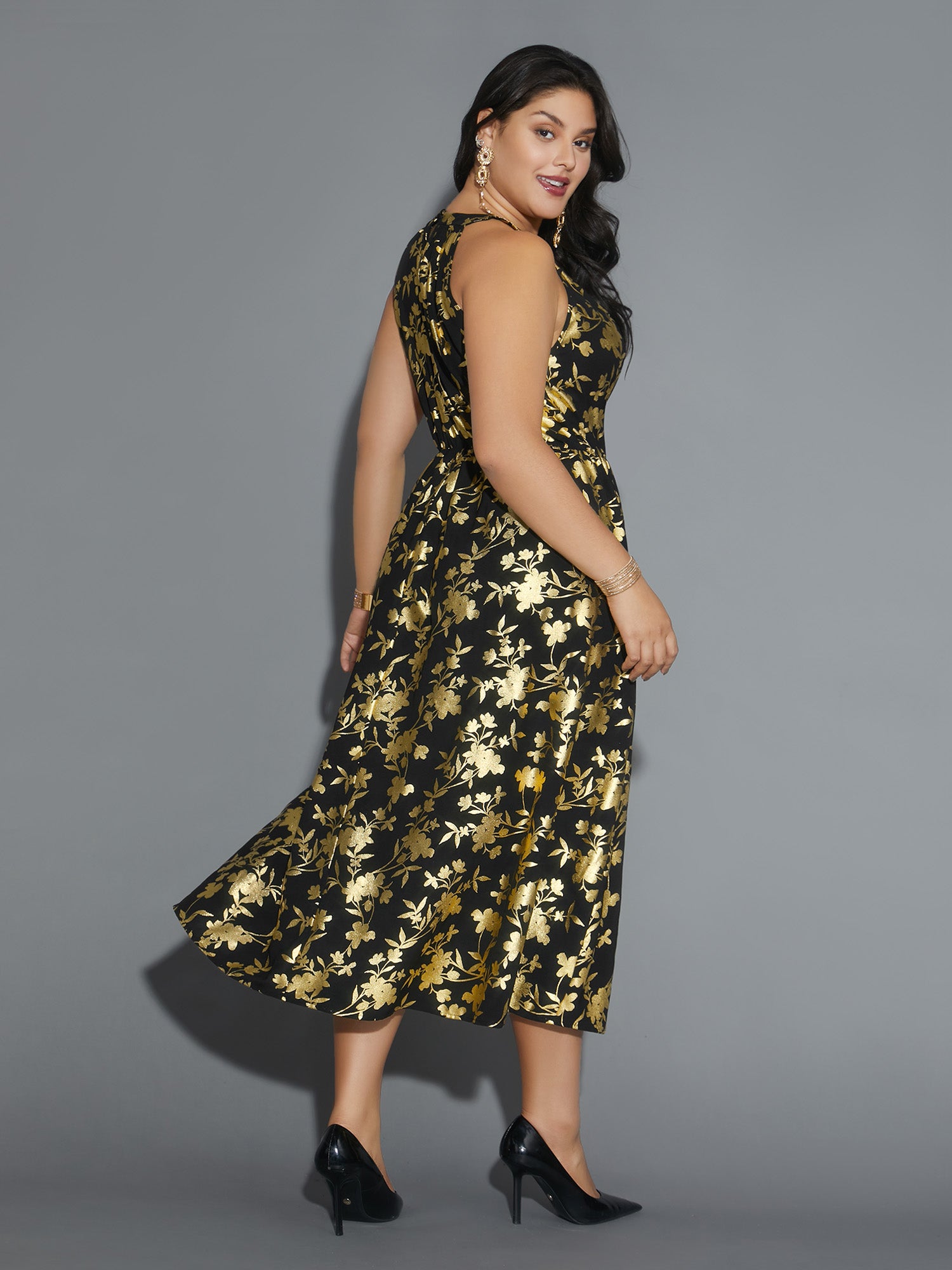 Glitter Silhouette Floral Print Sleeveless Dress