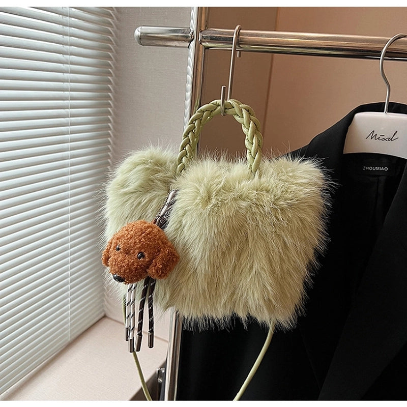 Women's Plush Solid Color Basic Square Magnetic Buckle Shoulder Bag Handbag Crossbody Bag