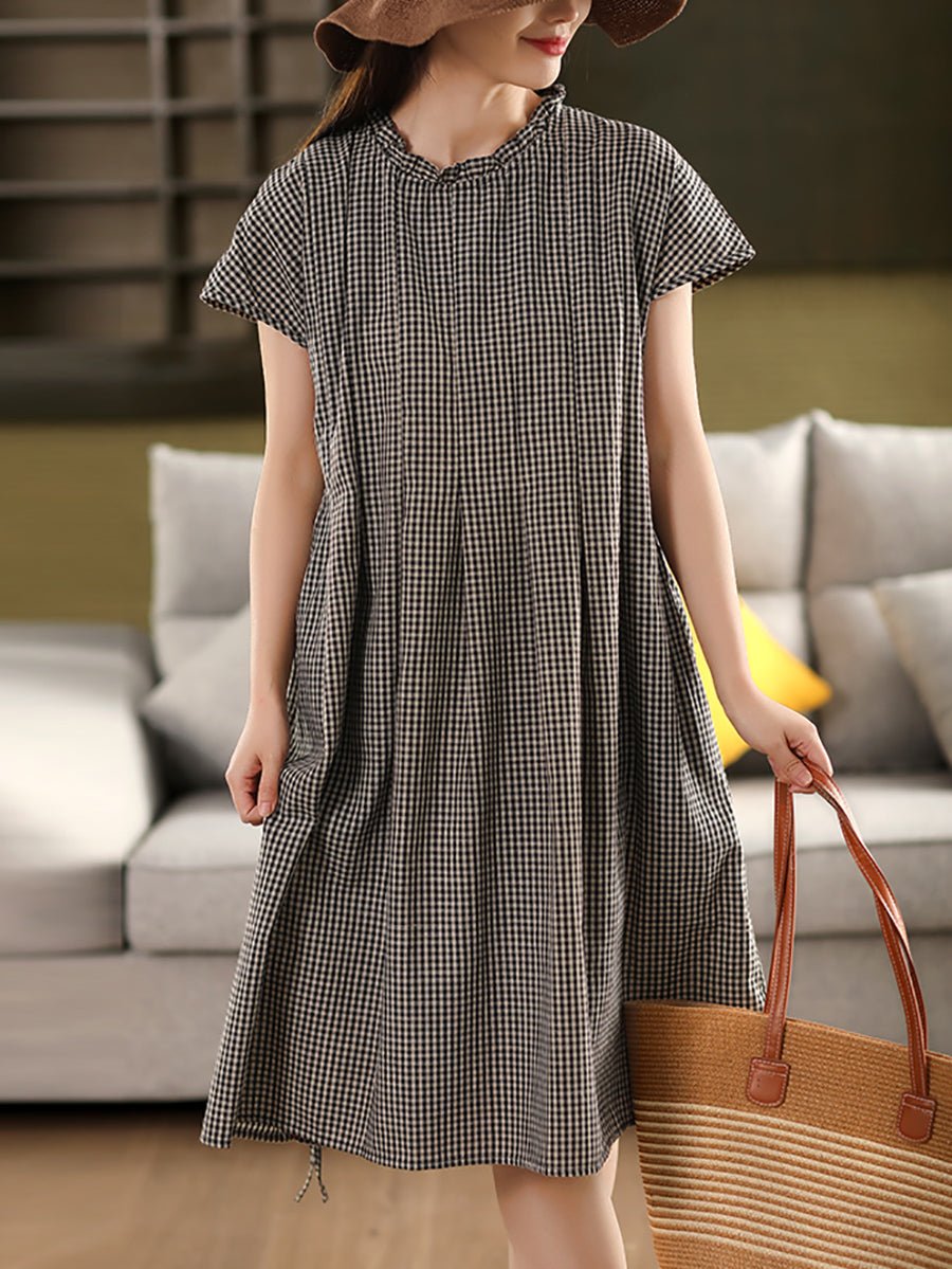 Women Summer Vintage Plaid Stand Collar 100%Cotton Dress
