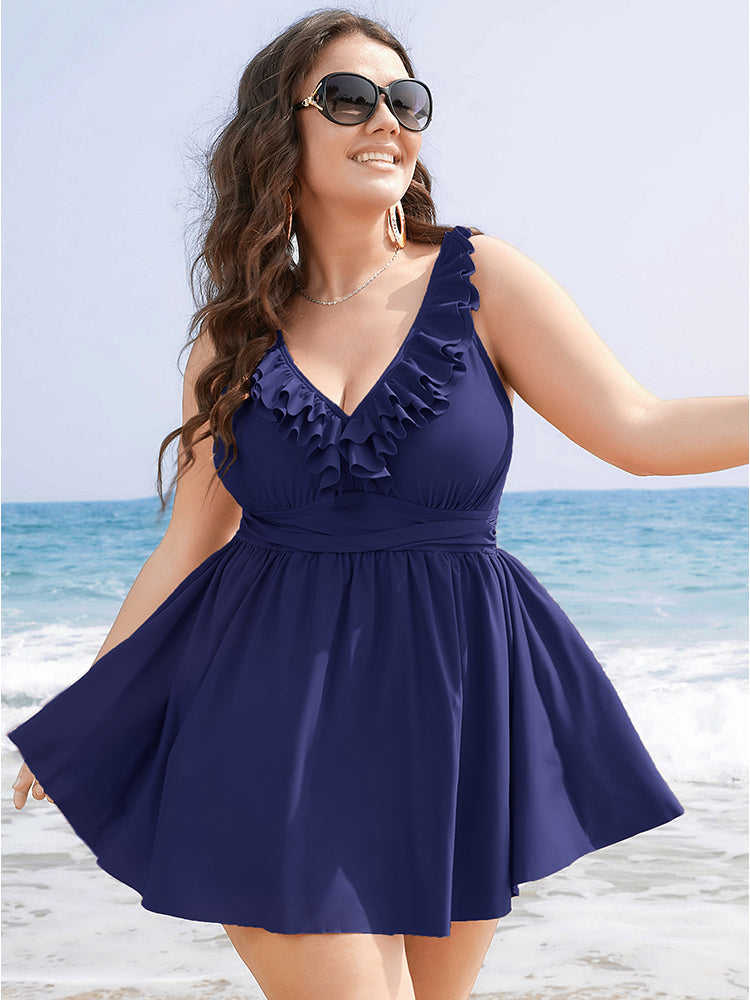 Ruffle Trim Adjustable Straps Gathered Sculpt Waist Swim Dress