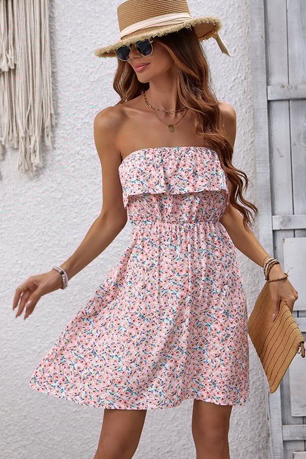 Fahsion Floral Bandeau Ruffle Casual Dress