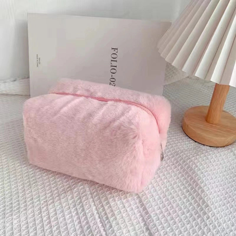 Plush Cosmetic Bag Macaron Color Sweet Large Capacity Storage Bag High Color Value Bag