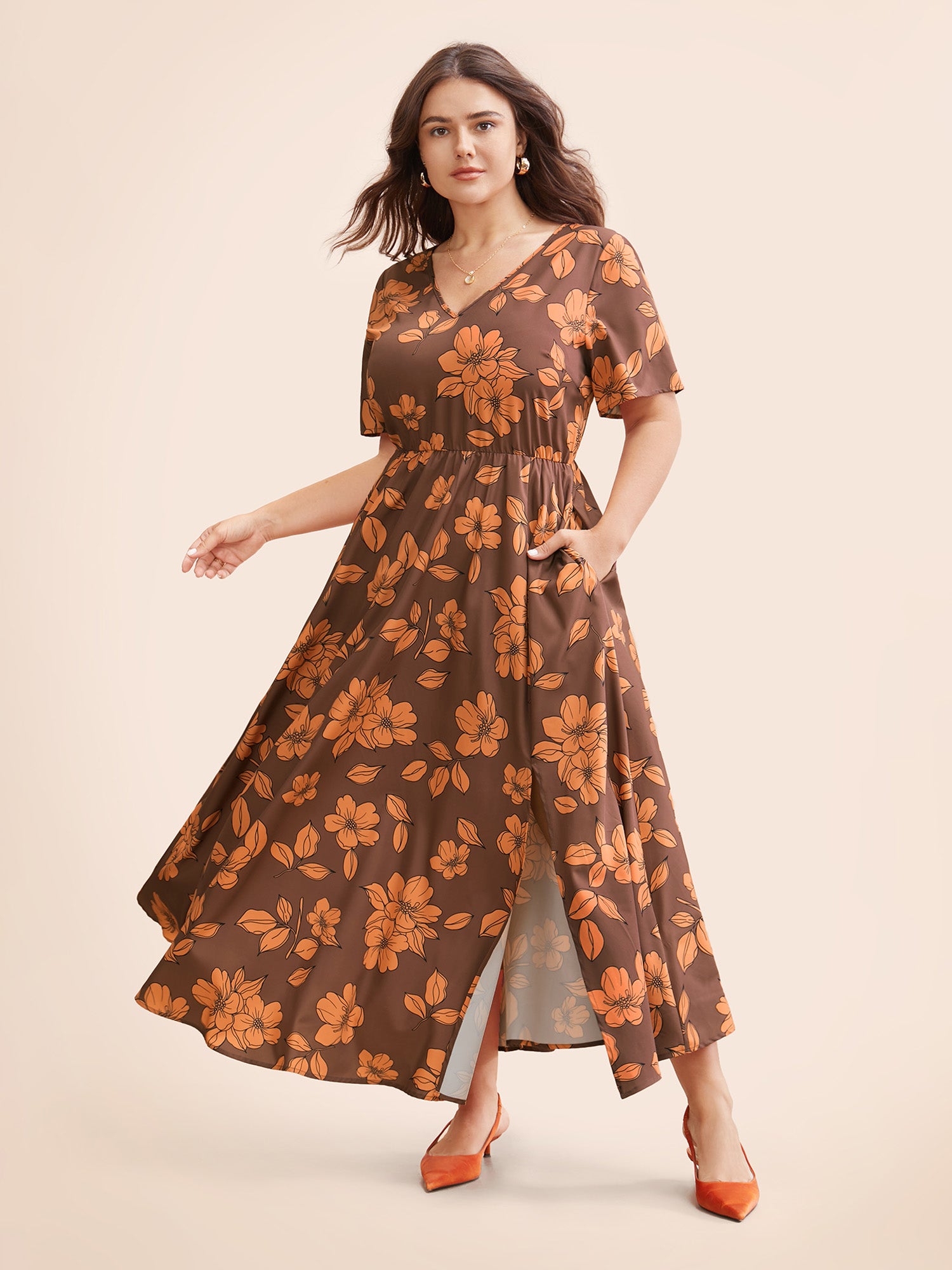 Floral Elastic Waist Split Front Dress