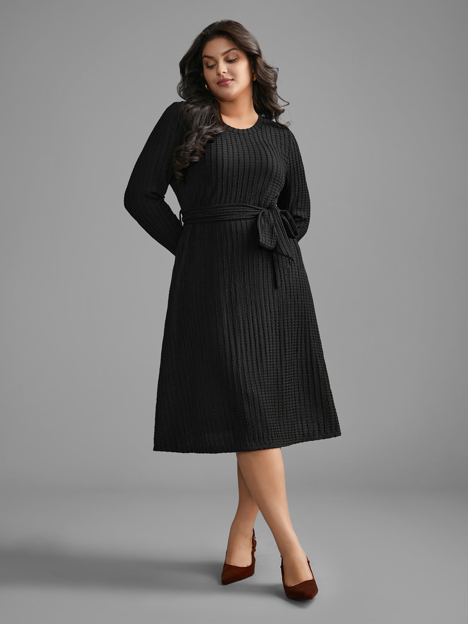 Plain Textured Belted Knit Dress