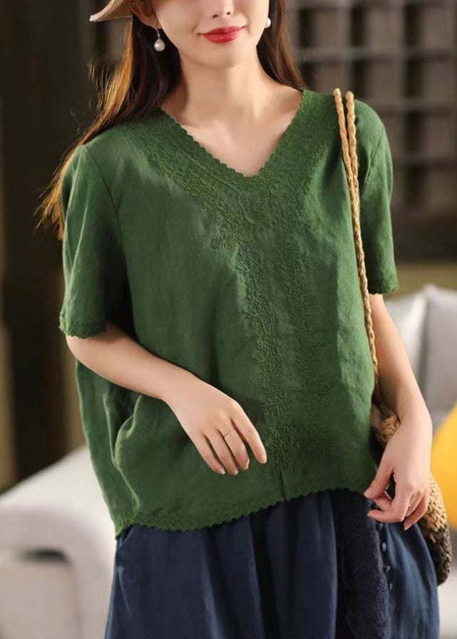 New Green V Neck Embroidered Linen T Shirts Summer