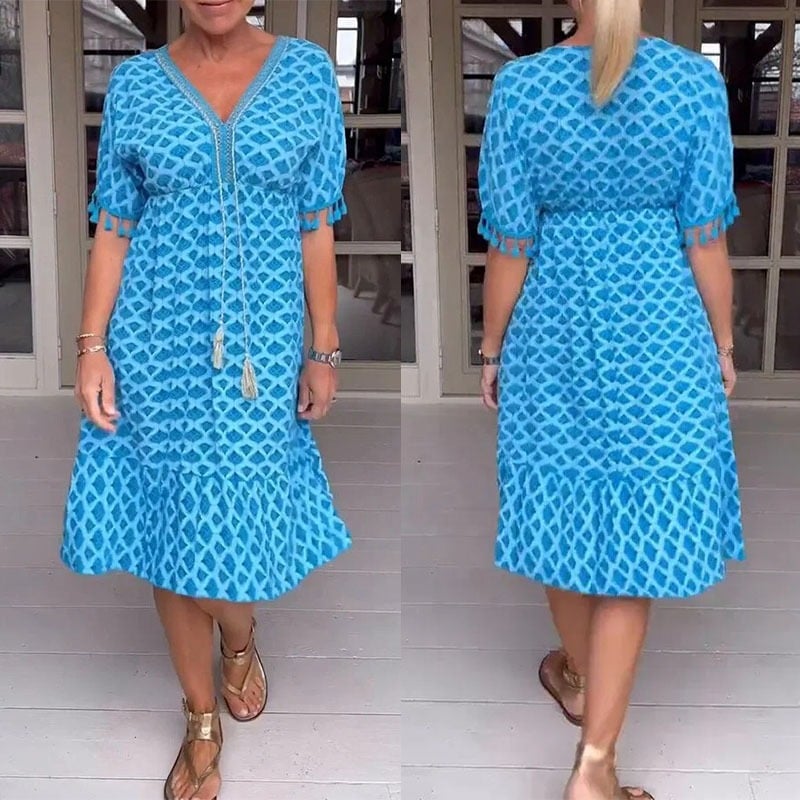 🔥BIG SALE 49% OFF🔥🔥V-neck Tassel Edge Sleeve Print Midi Dress