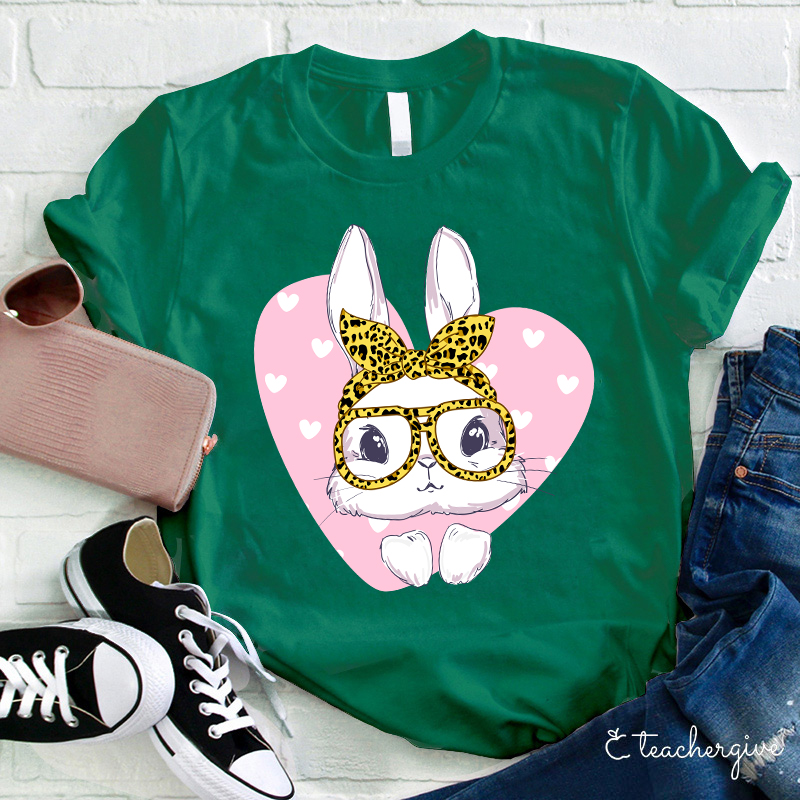 Bunny Face Leopard Glasses Poping Out Of A Heart Teacher T-Shirt