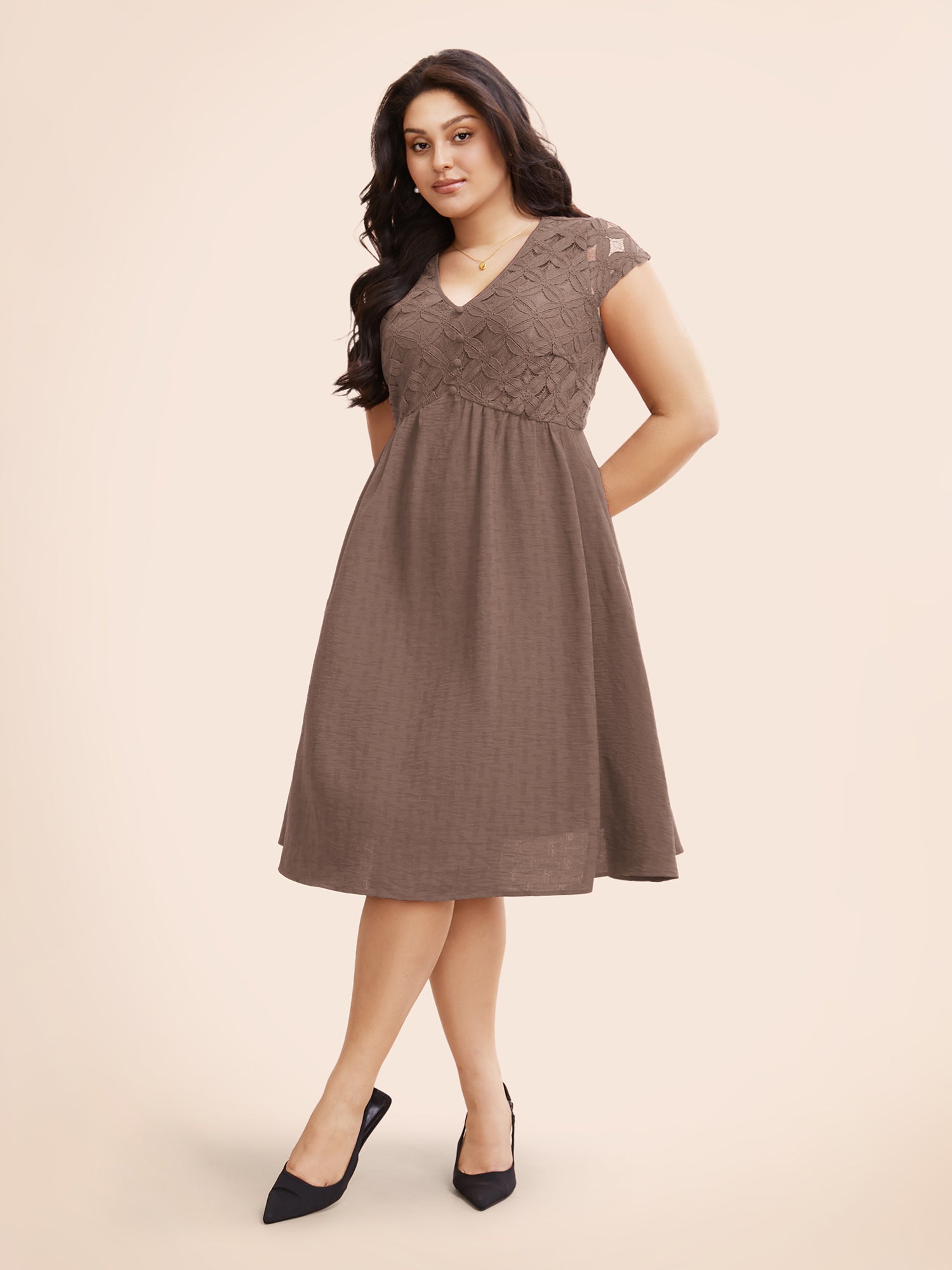 Plain Lace Panel Cap Sleeve Dress