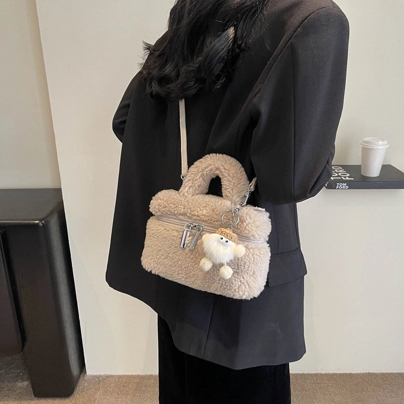 Women's Plush Solid Color Cute Square Zipper Shoulder Bag Handbag Crossbody Bag