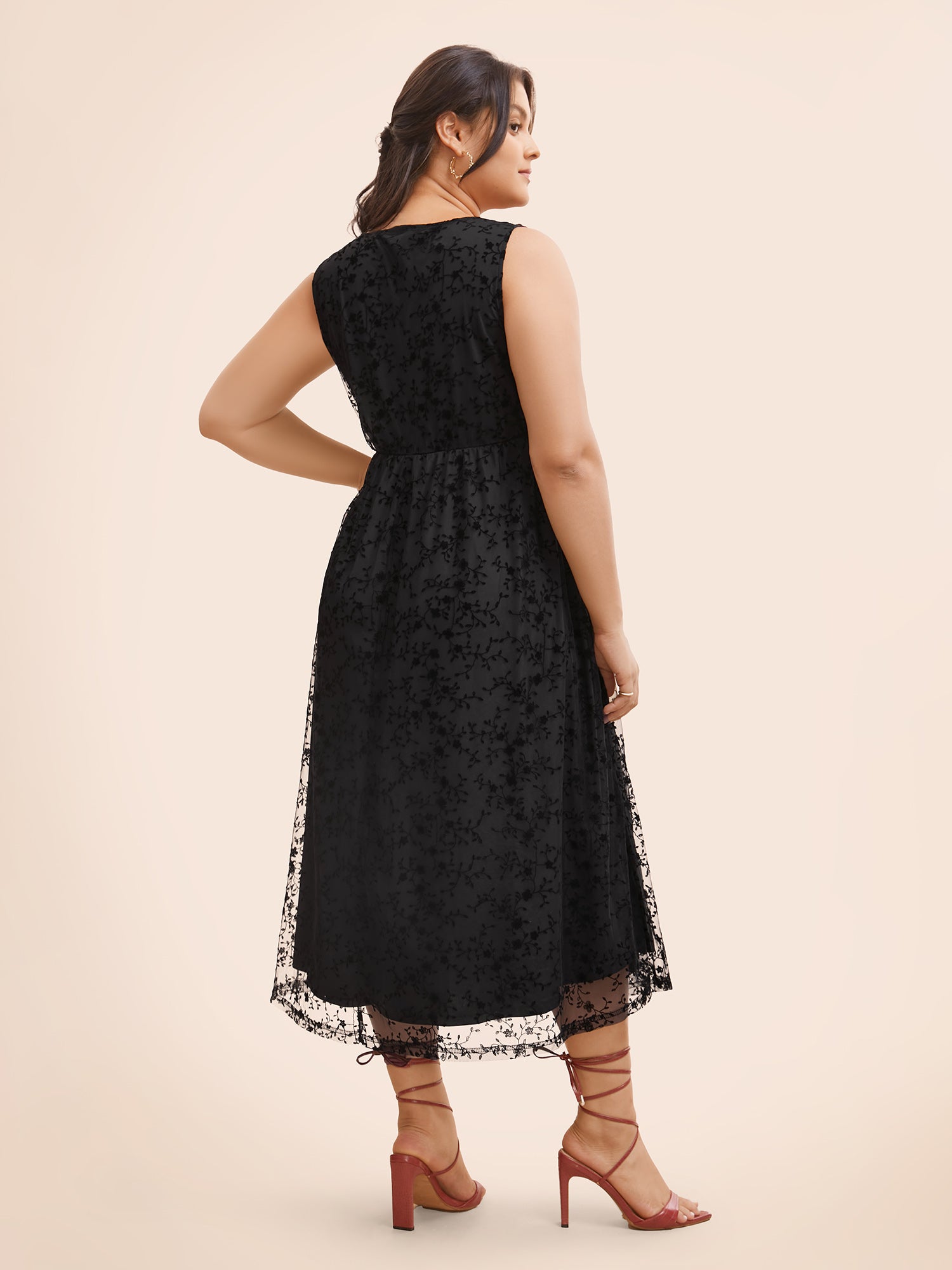 Floral Flocking Mesh Sleeveless Dress