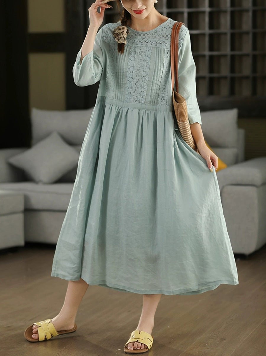 Women Summer Artsy Hook Flower Spliced V-Neck 100%Ramie Dress