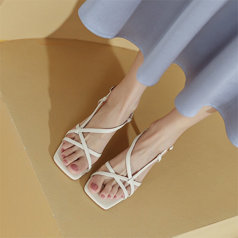 Open Toe Muti Strap Sheepskin Slingback Sandals 55mm Kitty Heel in Yellow/Beige/Pink