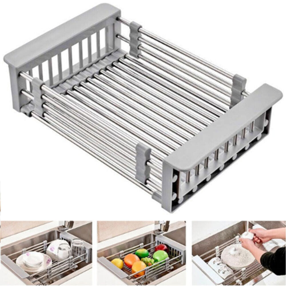 Stainless Steel Kitchen Sink Dish Drainer Counter Dish Drying Rack Collapsible Over The Sink