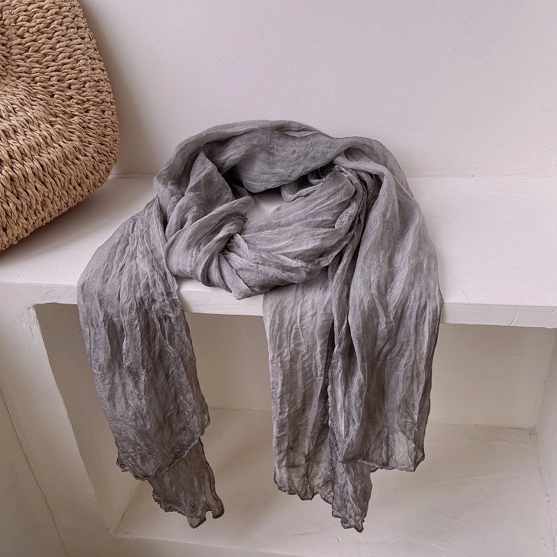 Pleated Retro Silk Scarf Women's Spring And Autumn Artistic Nostalgic Tie-Dye Scarf High-grade Solid Color Decorative Casual Scarf