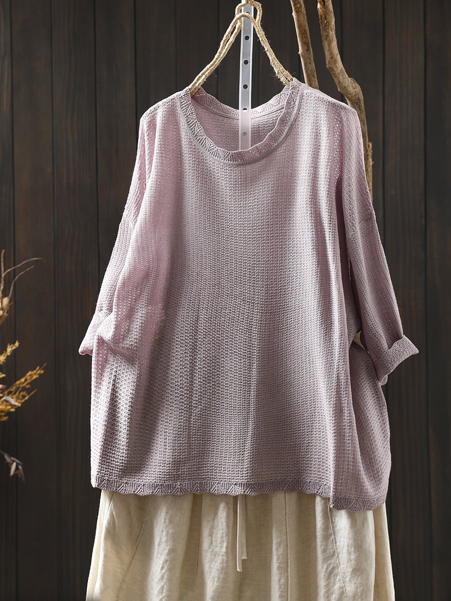 Women Summer Artsy Pure Color Knitted O-Neck Shirt