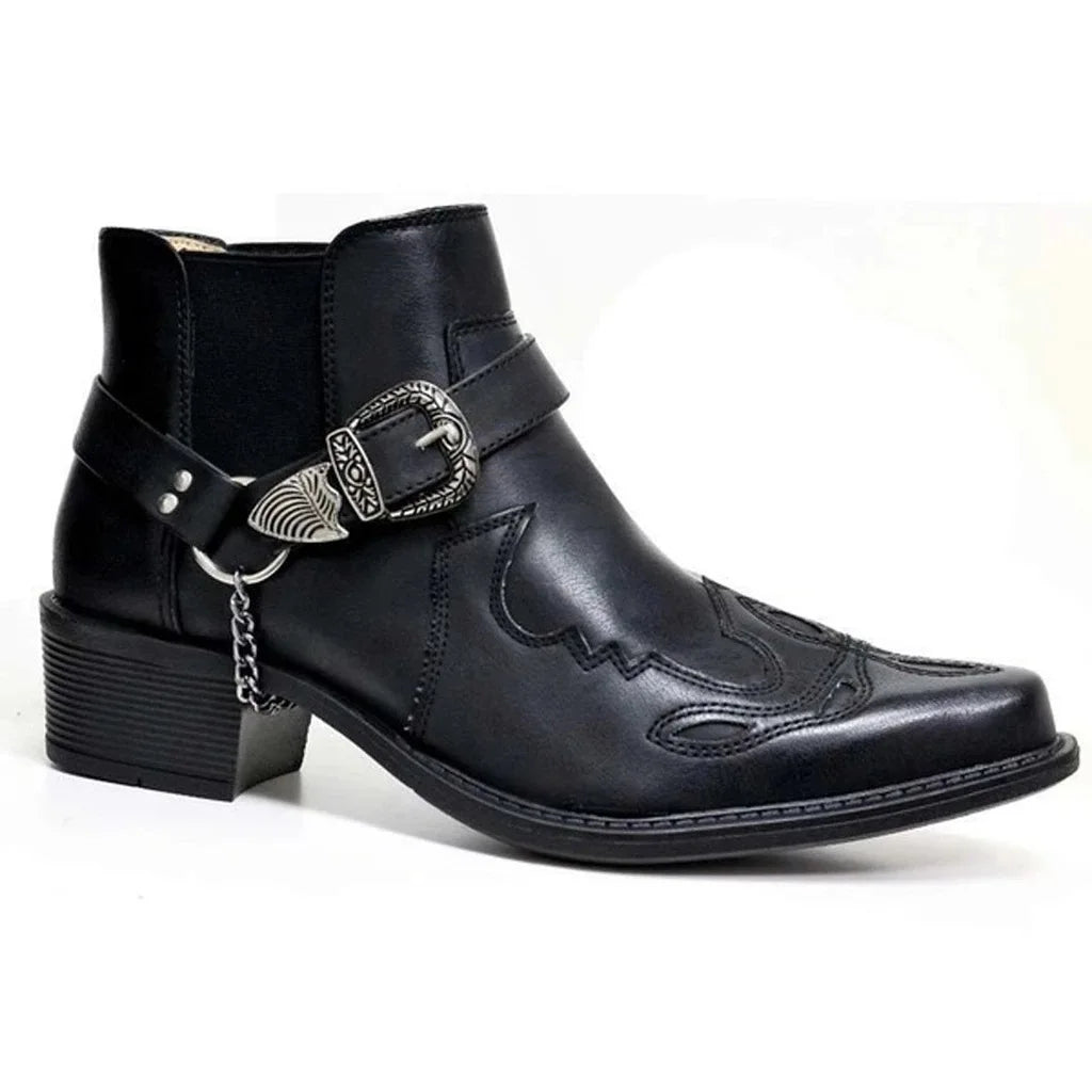 Men's Vintage Leather Cowboy Boots – Ankle Strap, Buckle, Motorcycle Style