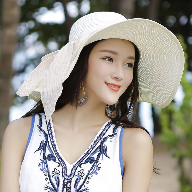 Women's Basic Vacation Pastoral Solid Color Bowknot Big Eaves Sun Hat