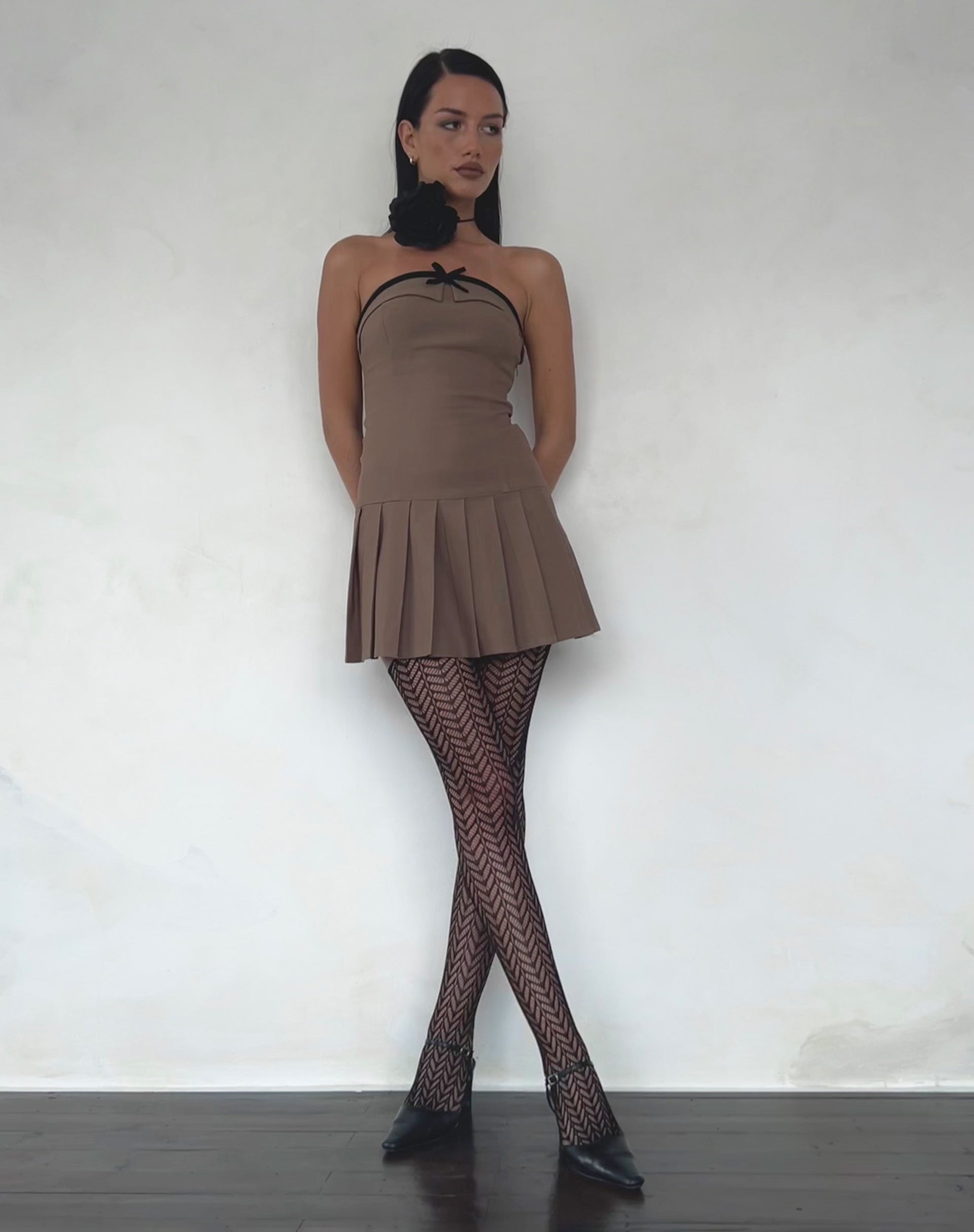Yalua Bandeau Mini Dress in Coco with Black Bow
