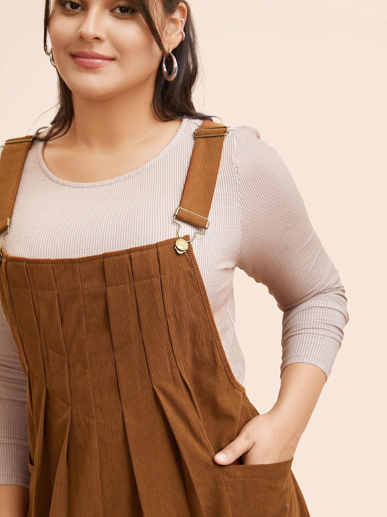 Solid Corduroy Pleated Overall Dress