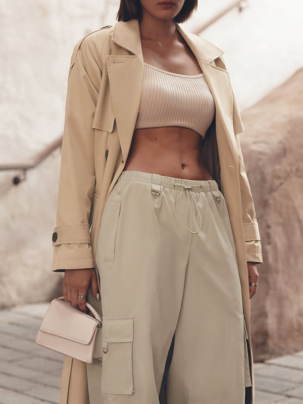 High Waisted Loose Drawstring Elasticity Pockets Split-Joint Pants Trousers