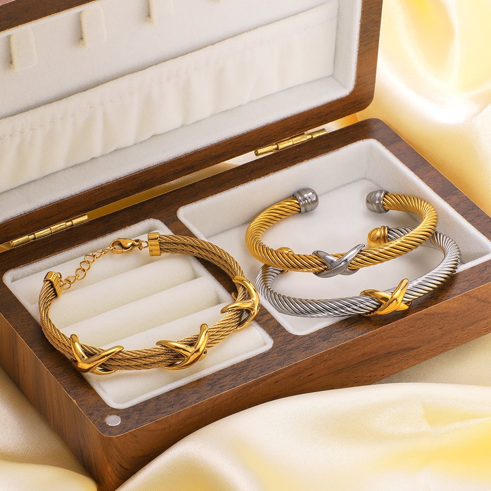 Retro Style Letter Braided Open Bracelet Gold Steel Color Matching Design Stainless Steel Plated With 18K Gold