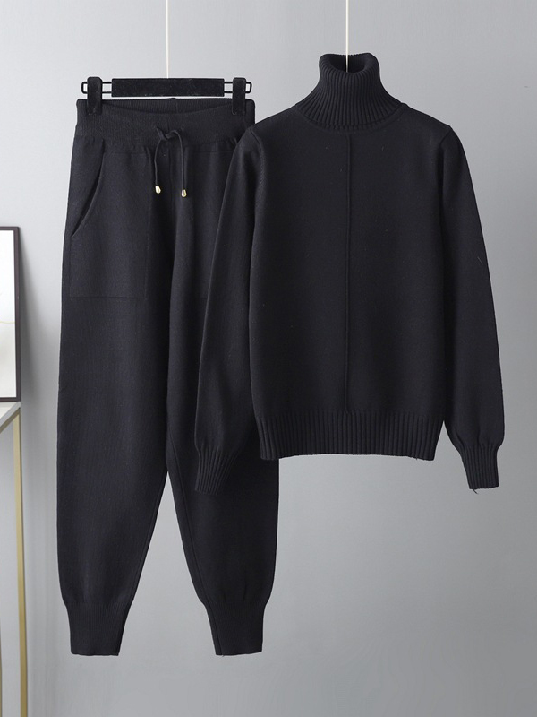 Casual Solid Long Sleeves High-Neck Sweater Tops & Drawstring Wide Leg Pants Suits