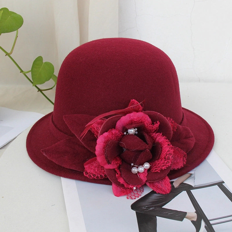 Fisherman Hat Female British Retro Feather Flower Wool Hat  Elegant Socialite Felt Hat Basin Hat