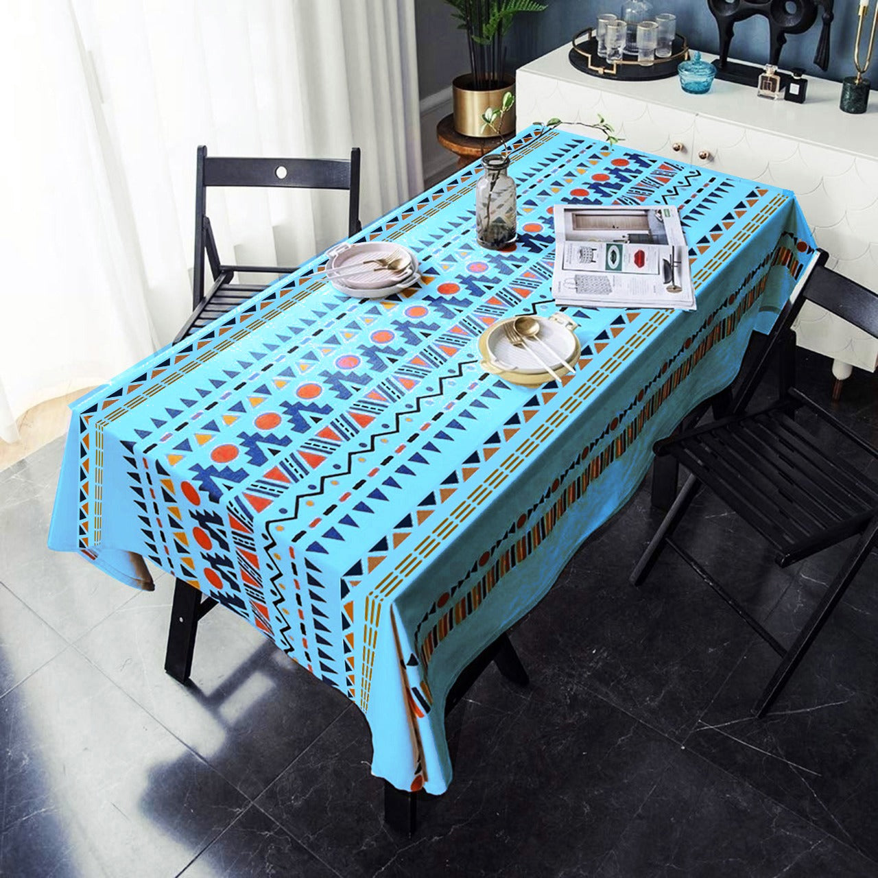 6 & 8 Seater Digital Printed Table Cover-Blue Geometric