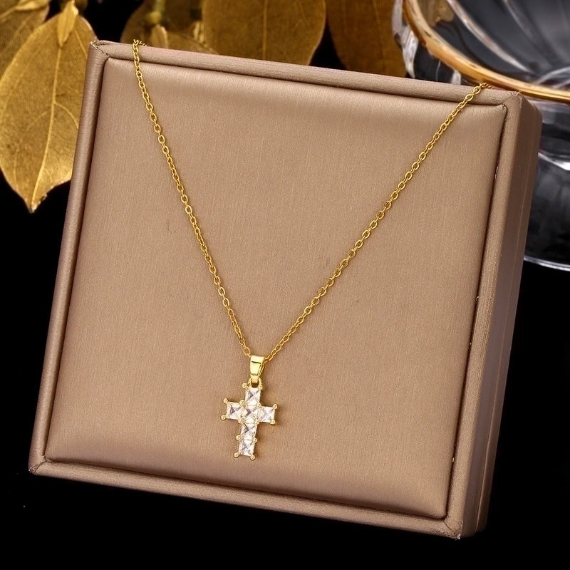 2 Pieces Ethnic Style Cross Stainless Steel Inlay Zircon Pendant Necklace