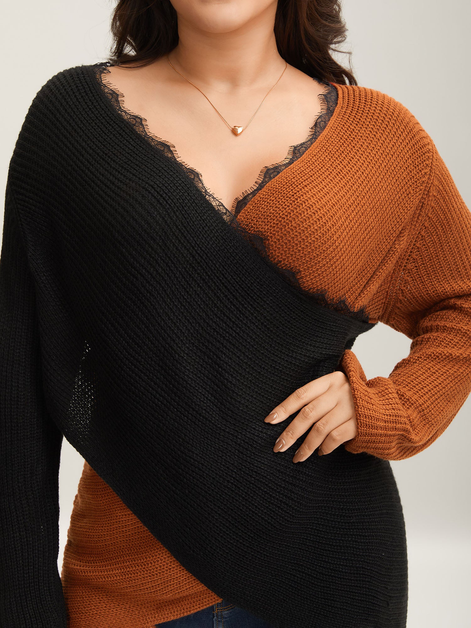 Colorblock Contrast Pointelle Knit Lace Crisscross Knit Top