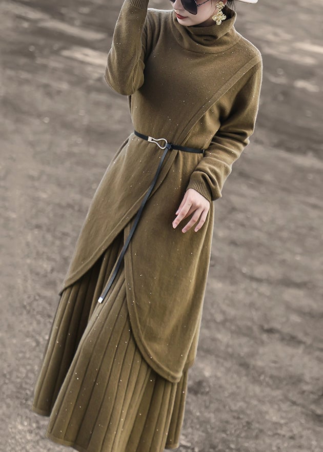 New Blue Turtleneck Tops And Skirts Wool Knit Two-Piece Set Spring