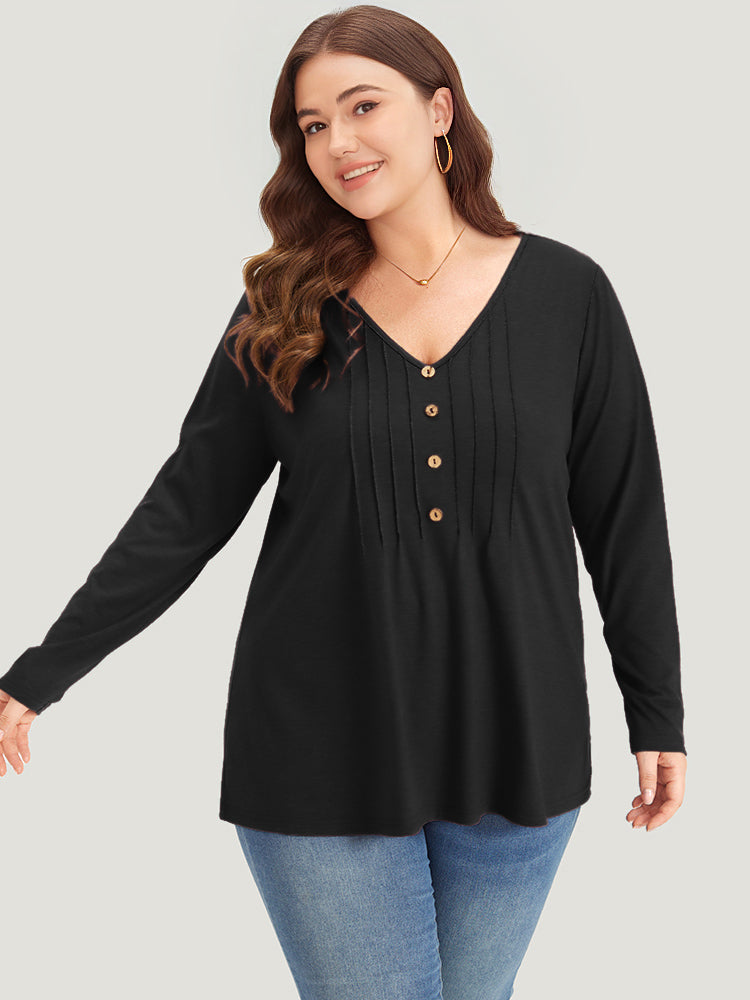 Plain V Neck Line Button Detail T-shirt