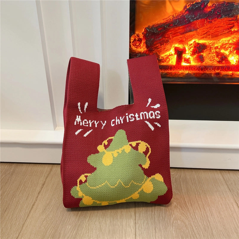 Christmas Women's Small Knit Christmas Tree Santa Claus Cute Square Open Handbag