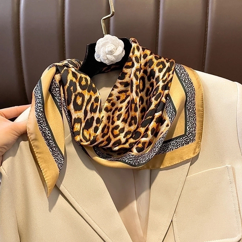 Women's Elegant Business Color Block Leopard Satin Printing Silk Scarf