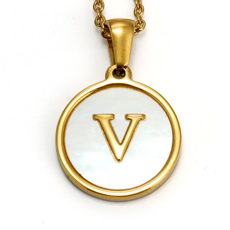 Elegant Round Letter Titanium Steel Inlaid Shell Necklace