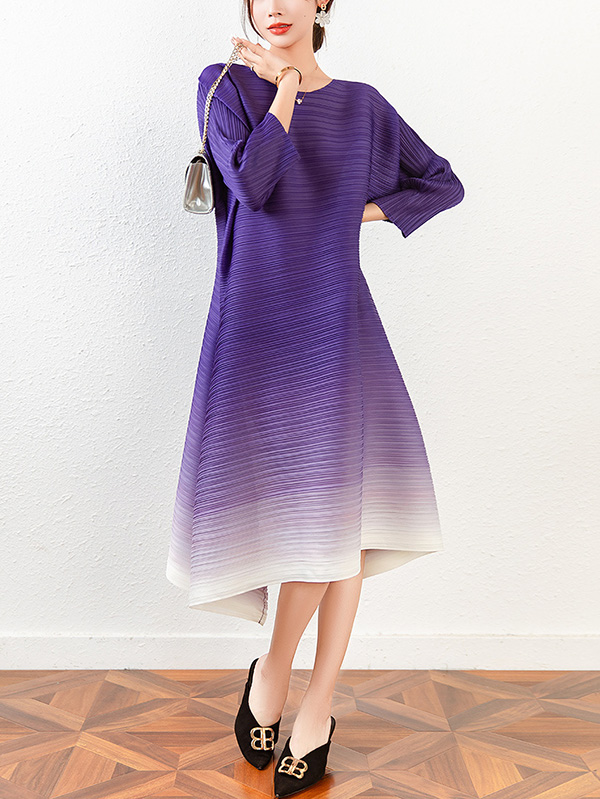 Original Long Sleeves Loose Pleated Gradient Round-Neck Midi Dresses