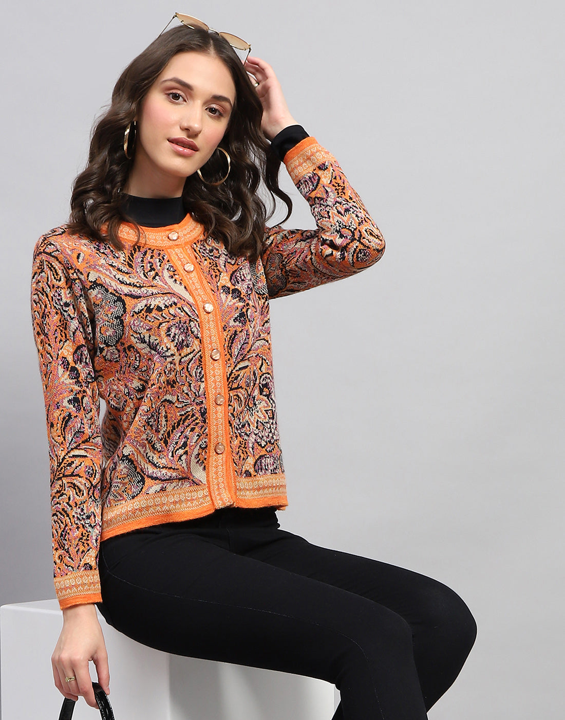 Women Orange Self Design Round Neck Full Sleeve Cardigan