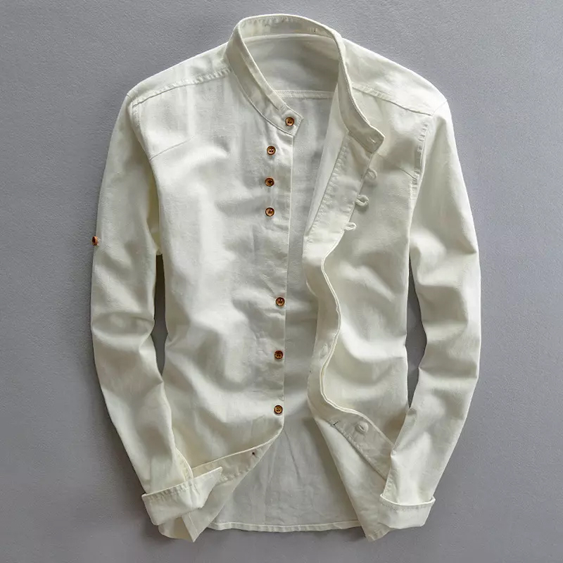 Men's Cotton And Linen Long-Sleeved Stand-Up Collar Shirt
