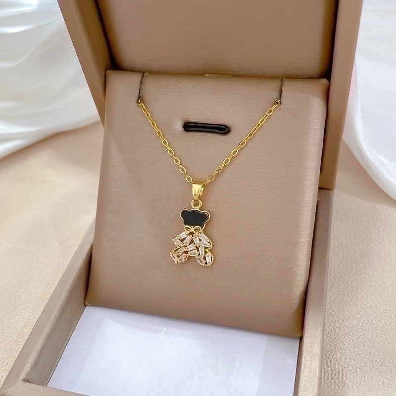 Minimalist Bear Titanium Steel Copper Plating Inlay Zircon Pendant Necklace