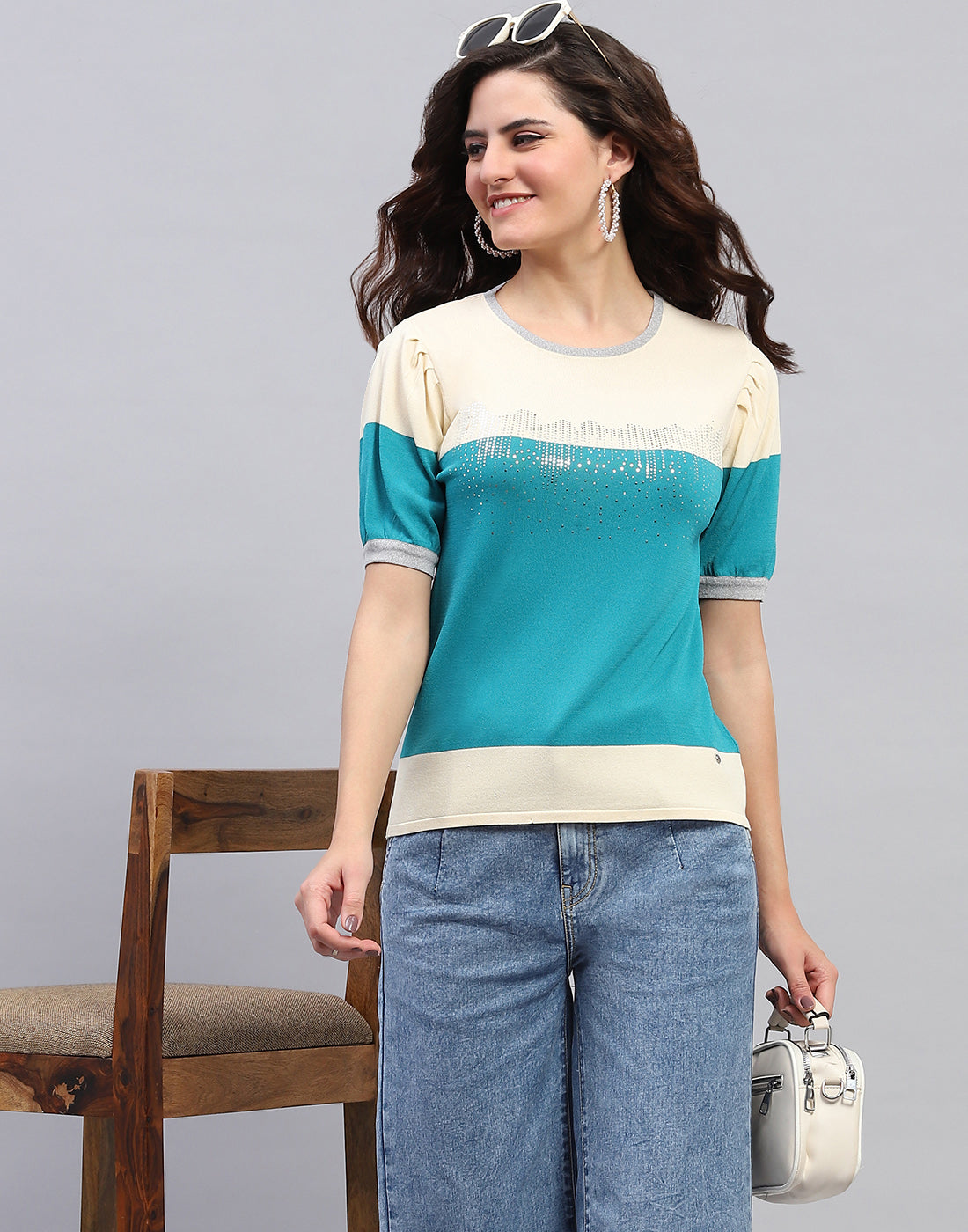 Women Cream Colourblocked Round Neck Half Sleeve Top