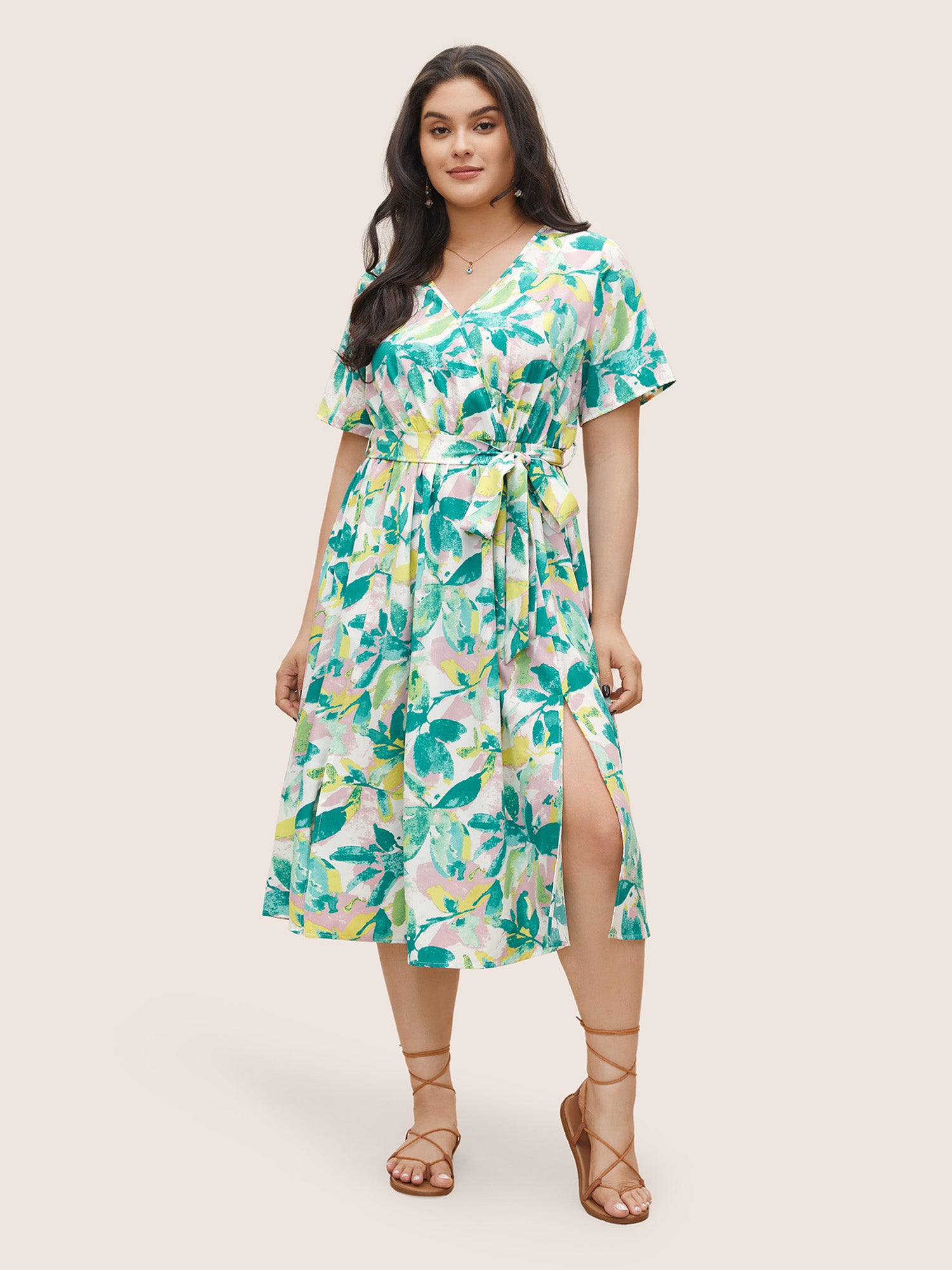 Overlap Collar Plants Print Elastic Waist Belted Dress