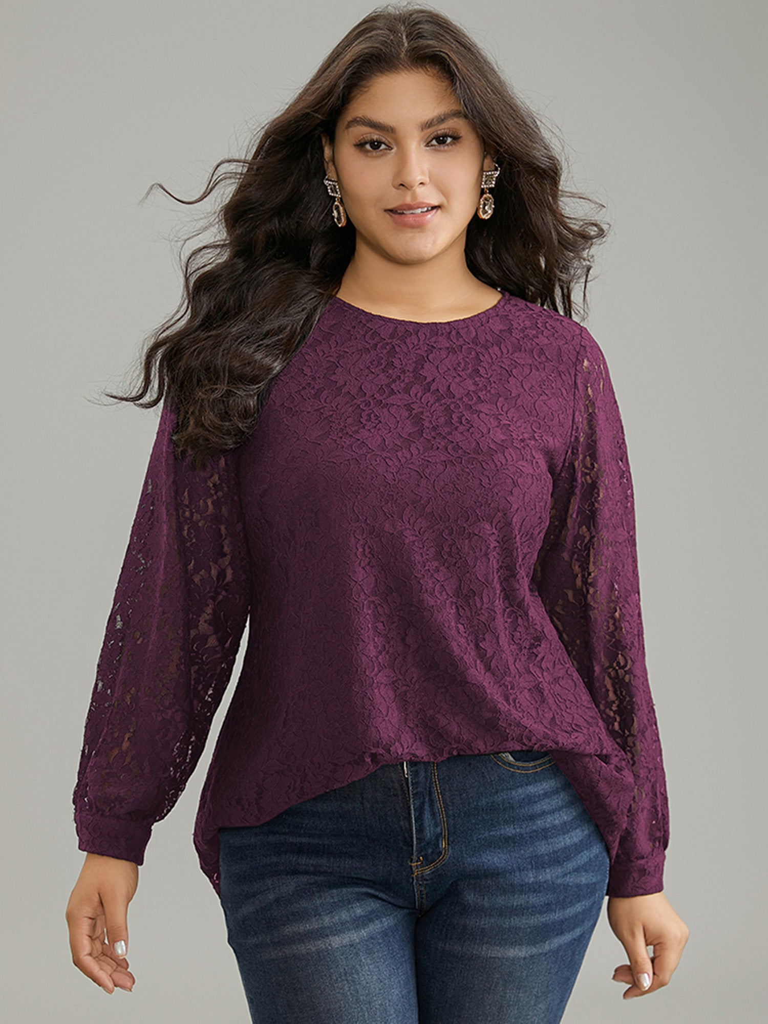 Solid Crochet Lace Mesh Crew Neck Blouse