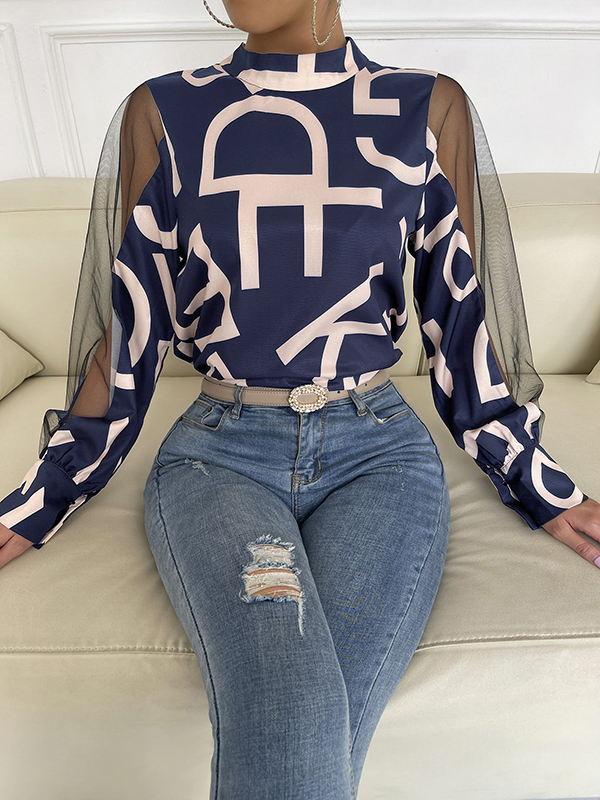 Long Sleeves Buttoned Hollow Letter Print See-Through Split-Joint Round-neck Blouses&shirts Tops Shirts Tops