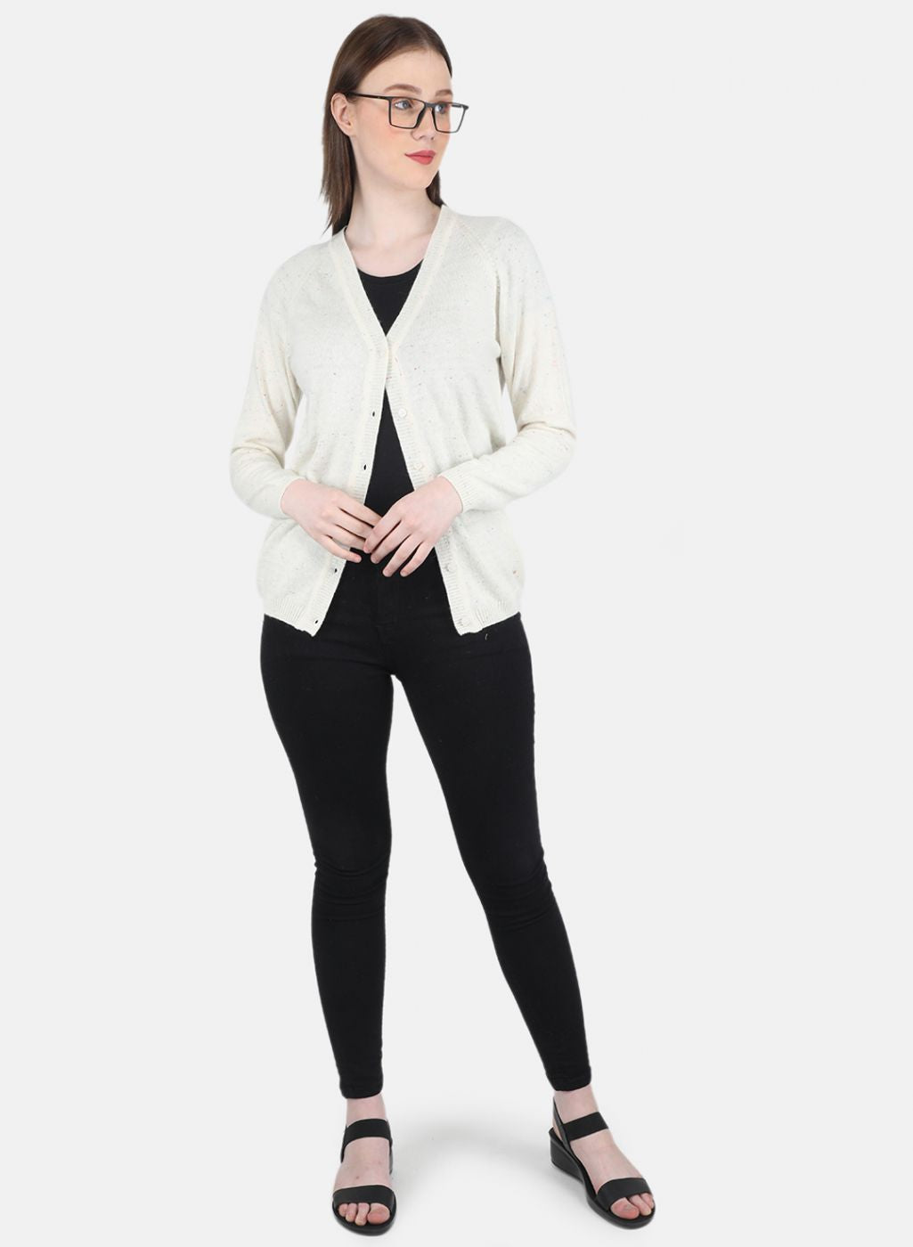 Women Off White Solid Cardigan