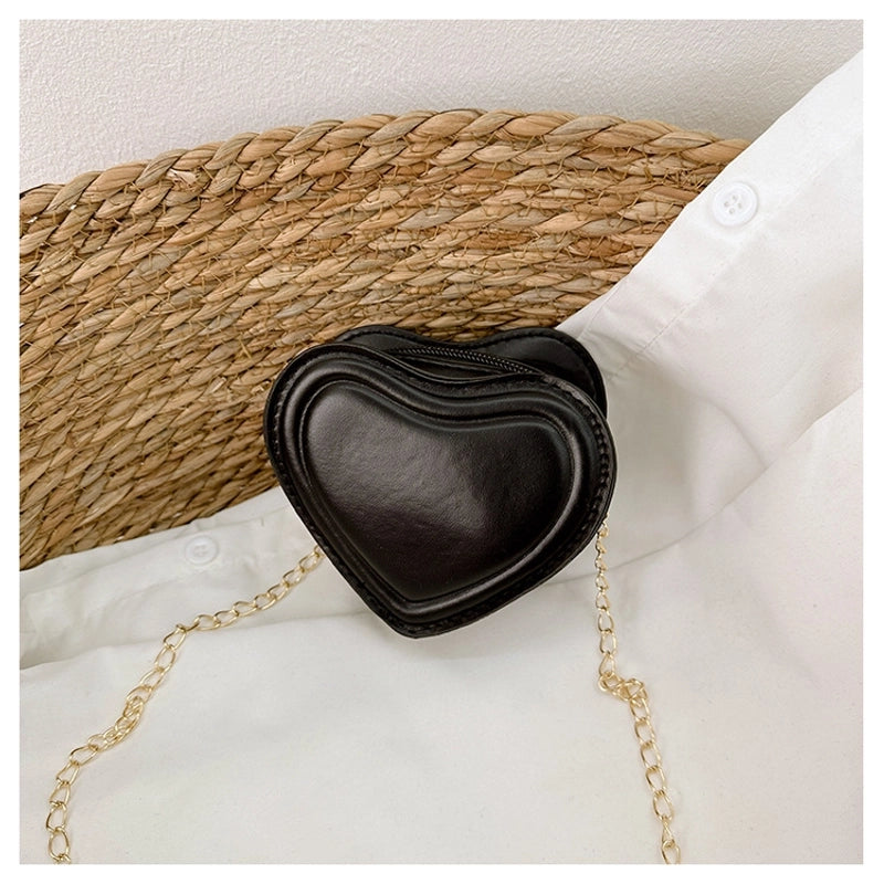 Girl's Pu Leather Heart Shape Solid Color Cute Heart-shaped Zipper Shoulder Bag Crossbody Bag Chain Bag