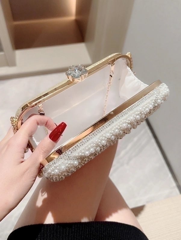 White Polyester Solid Color Pearls Evening Bags